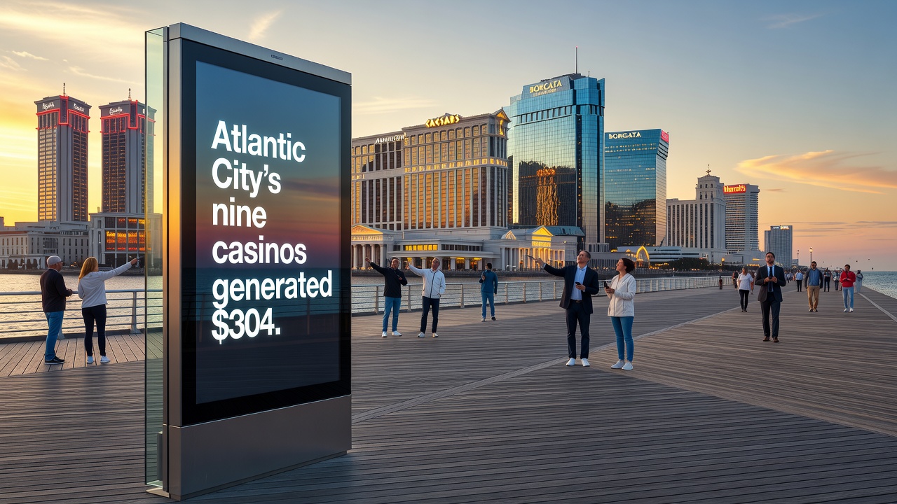 Wide view of Atlantic City skyline with casino resorts along the boardwalk at dusk