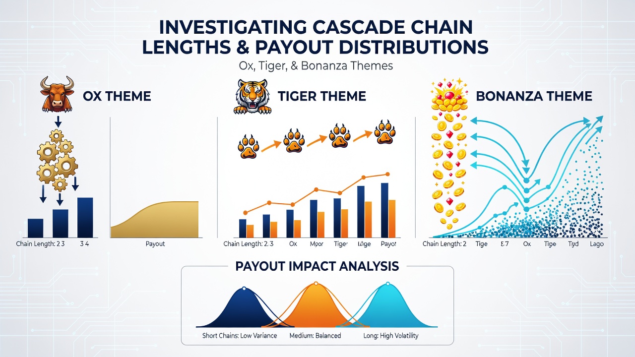 Analysis of cascade mechanics in ox tiger and bonanza themed slot games showing chain length distributions