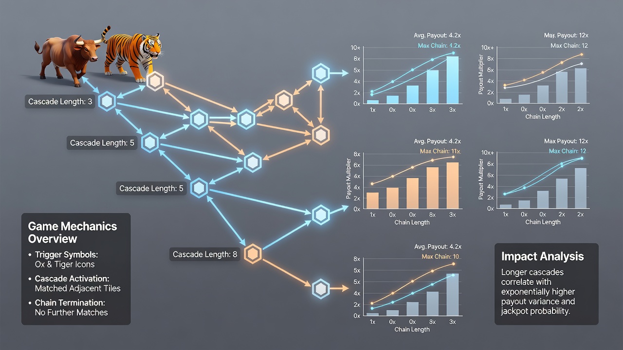 Payout distribution graphs comparing cascade chain lengths across themed slot formats