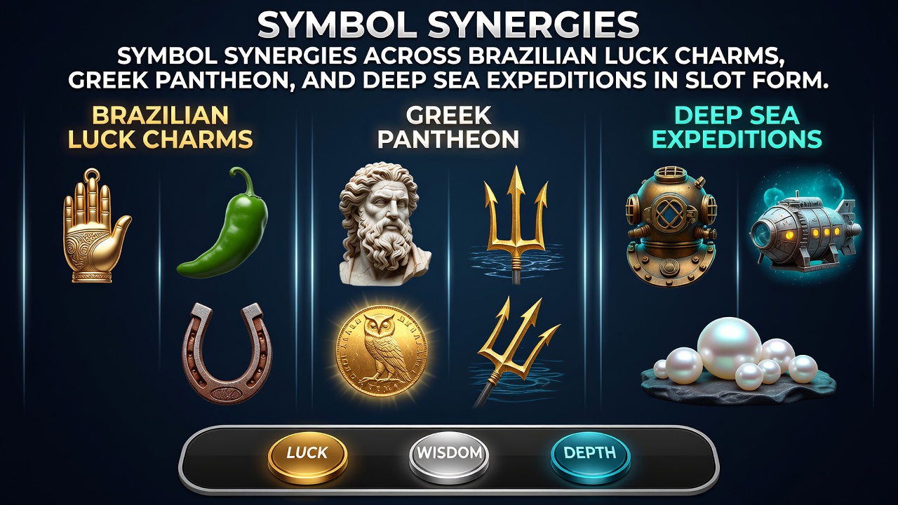 Close-up view of a bonus round screen where Brazilian charm, Greek deity, and underwater expedition symbols interact during a free spins sequence
