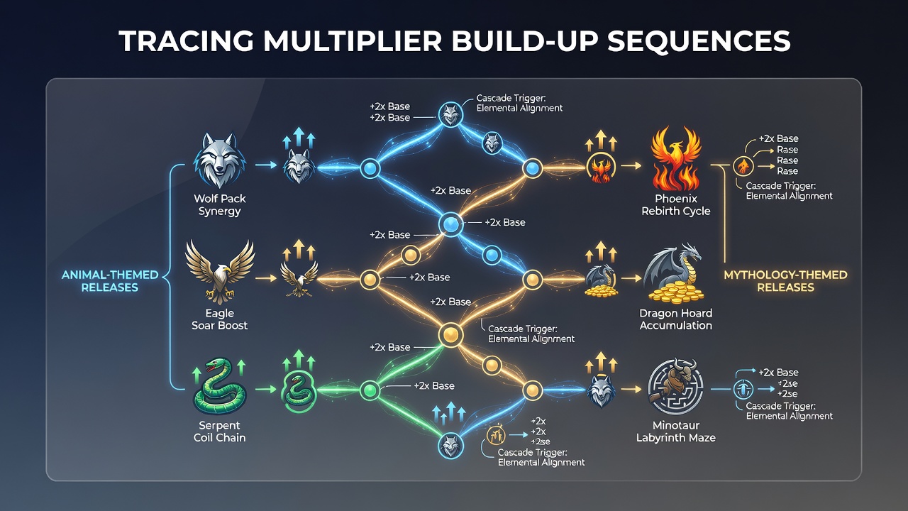 Screenshot of cascading symbols and multiplier meter in a mythology-themed slot game